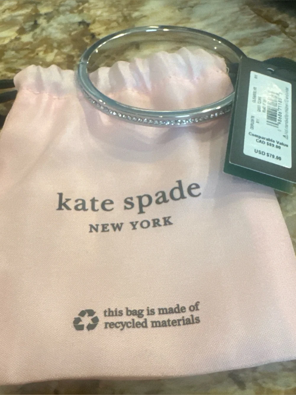 kate spade Silver Crystal-Trim Bangle Bracelet with Pink Drawstring Pouch - Picture 1 of 2